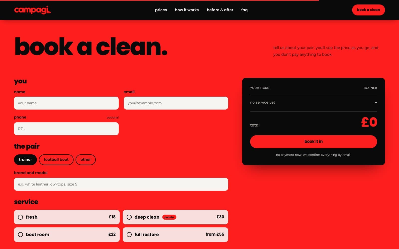 campagi booking form on red with a black live price ticket on the right