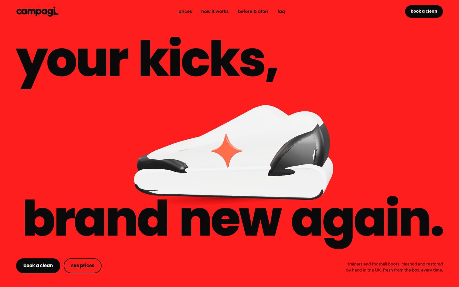campagi homepage: the headline “your kicks, brand new again.” in heavy black type on red, around a white 3D trainer