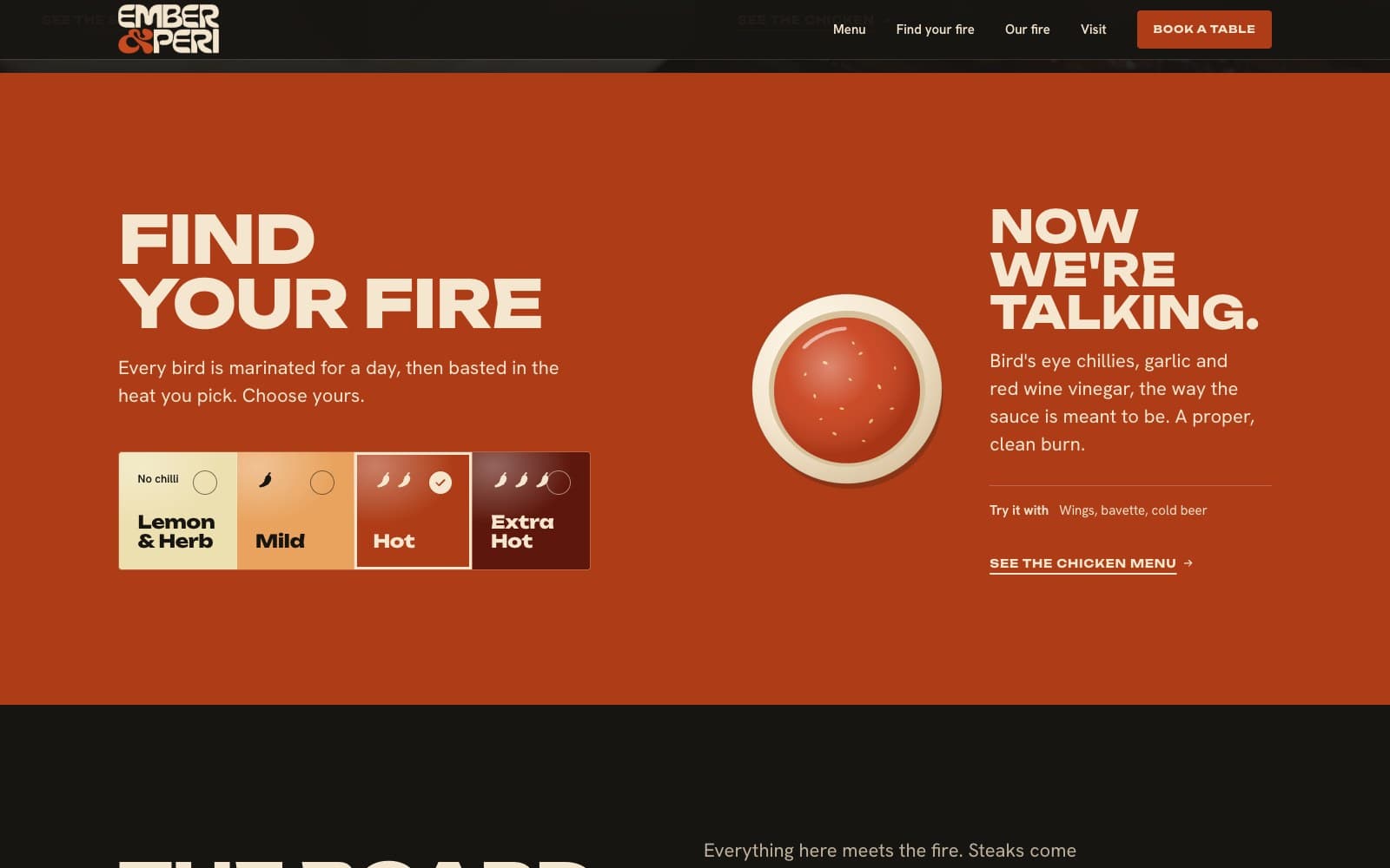 Ember & Peri “Find your fire” heat picker with Lemon & Herb, Mild, Hot and Extra Hot on burnt orange